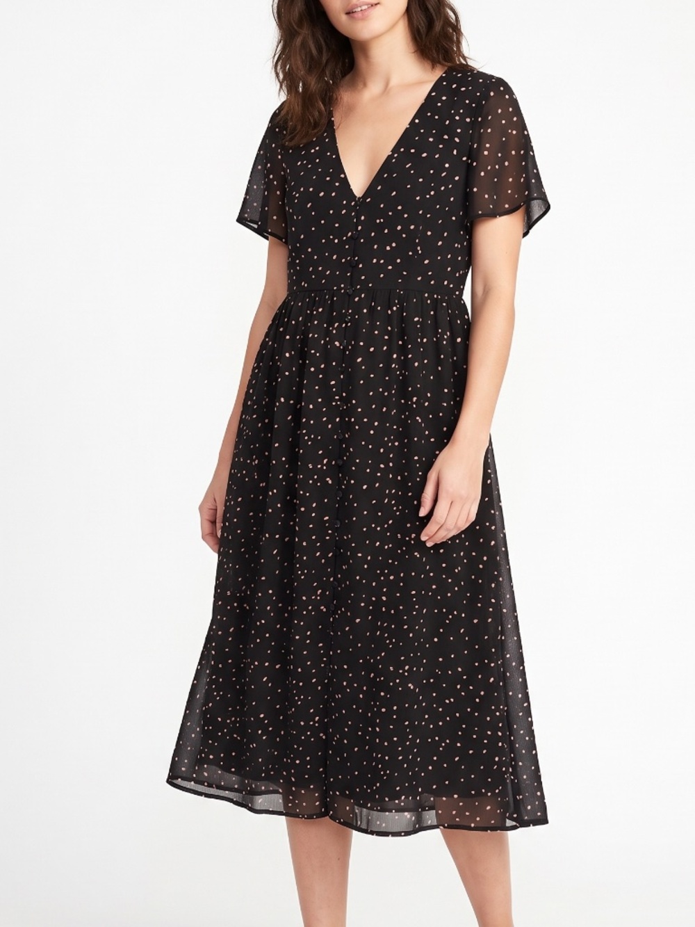 Madewell Flutter-Sleeve Button-Front Chiffon Oversized Midi Dress Confetti Toss